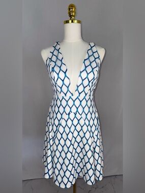 NBD On The Fence White Dress with Blue Lattice Print